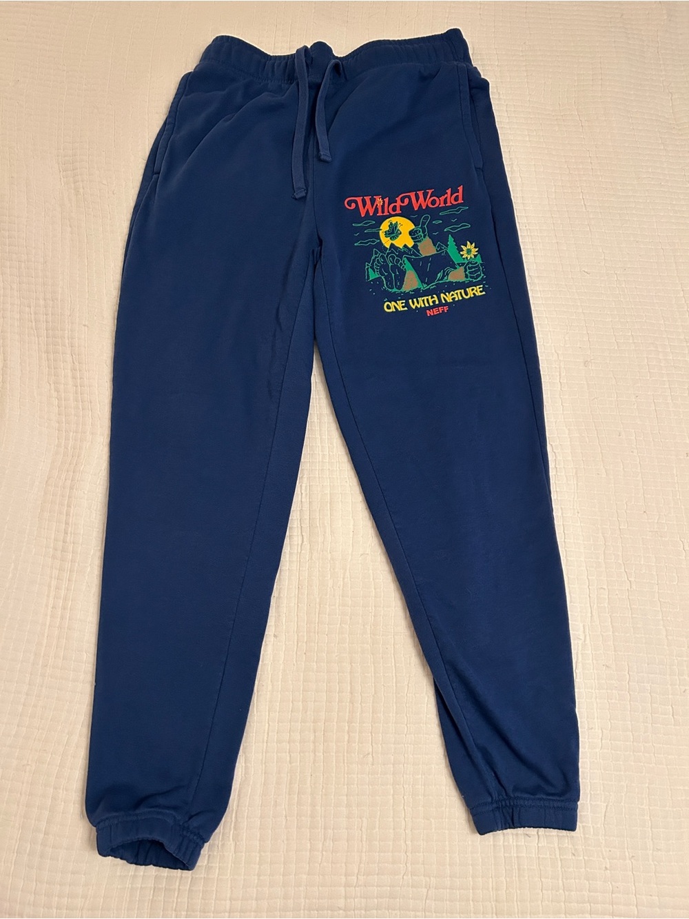 Neff Navy Sweatpants with Colorful 'Wild World' Graphic